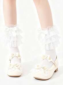 1 Pair Women's Solid Color Mid-Calf Socks, Multi-Layer Lace Trim Japanese Ballet Style Cute Bow Socks, Versatile And Suitable For Lolita Gatherings - Multicolor - View 7
