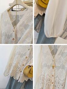 JIANHU V-Neck Retro Patchwork Hollowed Out Long Sleeved T-Shirt Spring - Apricot - View 10