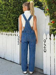 女士休闲宽松水洗蓝牛仔背带裤，百搭时尚单品 - 藍色 - 查看 5