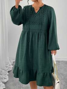 LUNA Vestido verde militar holgado de manga larga, escote calado y cintura anudada. Elegante vestido largo de talla grande para mujer, con mangas abullonadas y cintura alta, ideal para primavera y otoño. Ideal para festivales de música, citas, el día a día y fiestas. - Verde militar - Ver 3