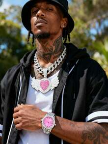 European And American Hip-Hop Style Jewelry Set For Men, Including Pink Sexy Tongue Lips Pendant, Butterfly Pendant, Heart Wing Pendant Paired With Pink Watch, Ideal Gift For Festivals And Parties - Pink - View 21