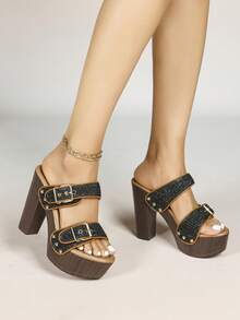 Women Fashion Chunky Platform Block High Heel Summer Sandal With Ankle Strap And Stud Peep Toe Mule Sandals Heel Shoes - 黑色 - 查看 2
