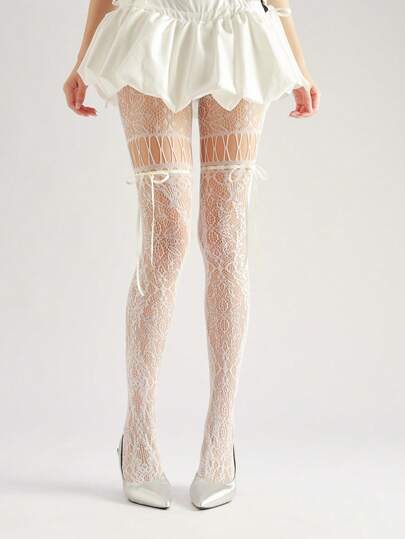 Hollow Lace Bow Tie Up Fishnet Pantyhose, Y2K Retro Style Suspender Net Tights, Spring/Summer