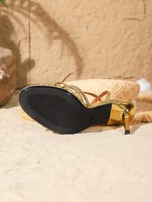 On feet& in love Women's Fashionable Elegant Round Toe Strap Buckle Shallow Toe Open Toe Sandals, Suitable For Wearing With Dresses, Thin High Heels - Golden Yellow - View 7