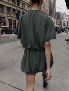 Spring/Summer Fashion Women Casual Pleated Layered High Neck Short Sleeve Lantern Mini Dress - Dark Grey - View 3