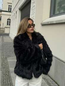 Faux Fur Fluffy Warm Long Sleeve Autumn/Winter Jacket - Black - View 6