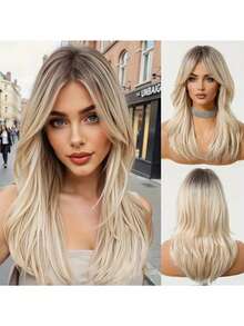 22 Inch Ombre Blonde Long Straight Bob Wig With Bangs For Women - Natural-Looking Glueless | Heat-Resistant Synthetic | For Women Daily/Music Festivals/Costume Parties - 漸變金色 - 查看 3