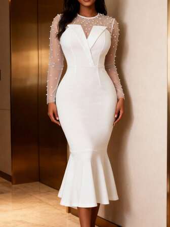 AOMEI Tamamen Beyaz Parti Kıyafeti Kadın Beyaz File Uzun Kollu Boncuklu Dar Denizkızı Elbisesi Nedime Düğün Konuğu Kıyafeti Randevu, Parti, Gelinlik, Nedime Elbisesi, Mezuniyet Elbisesi, Düğün Konuğu Sonbahar Kadın Giysileri, Okula Dönüş İçin