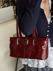 1pc Vintage Large Capacity Tote Bag, Commuter Oversized Underarm Bag, Fashion Motorcycle Women's Bag, PU Solid Color Oiled Wax Leather, Strap Decor, Zipper Closure, Women's Shoulder Bag For Work, College Student Backpack, Short Trip, Vacation, Shopping, Business, Suitable For Daily Use - Burgundy - View 5