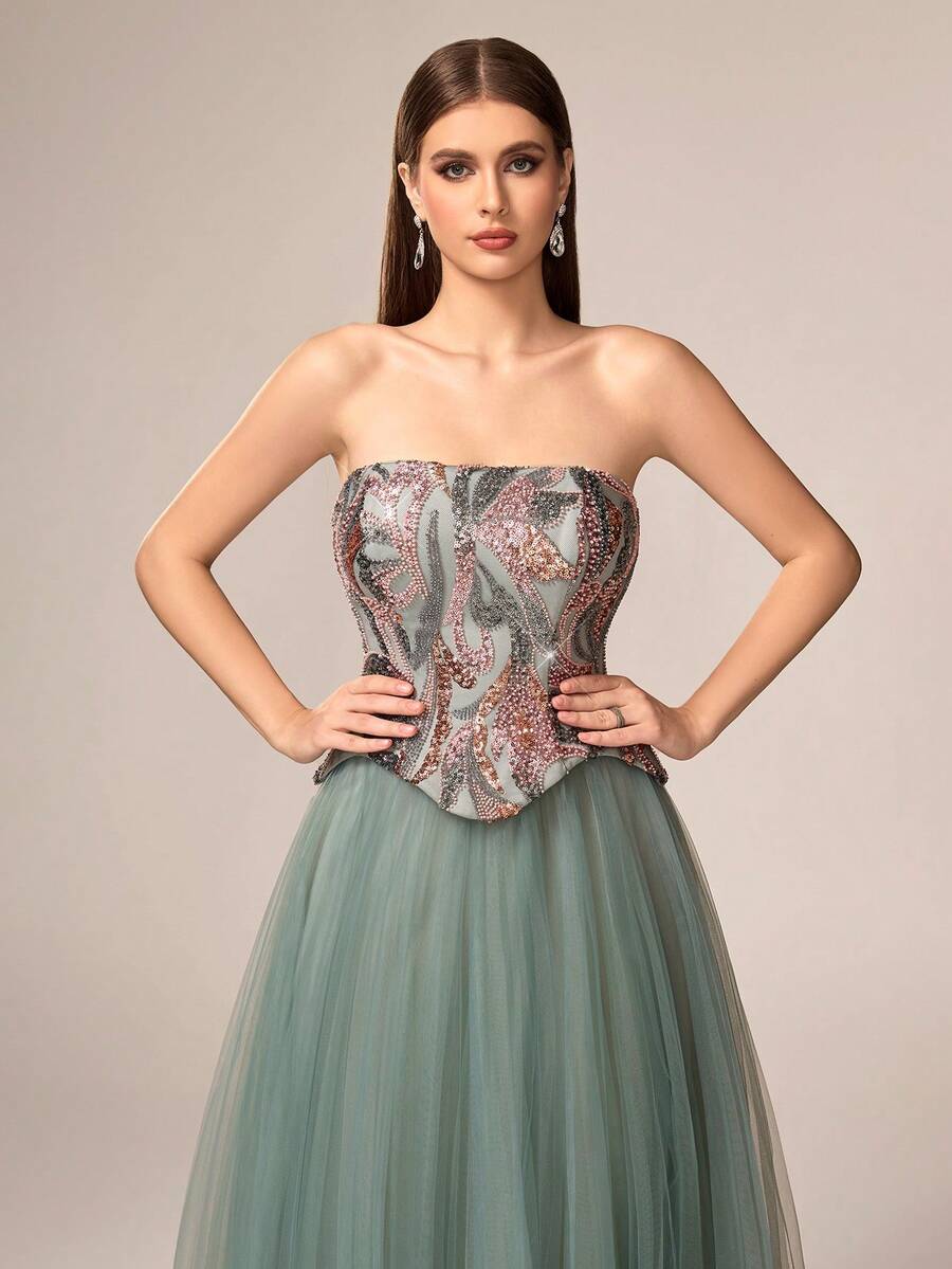 VIPGIRL Elegant Luxury Soft Women's Strapless Long Flared Mesh Contrast Sequin Evening Dress Sleeveless - Green - View 1