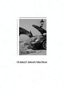1pc Frameless Horse & Supercar Digital Print, Black And White Luxury Car Photography, Farmhouse Chic Exotic Wall Art, Modern Garage Decor For Man Cave, Masculine Home Decor, Gift For Car & Horse Lovers - Multicolor - View 10