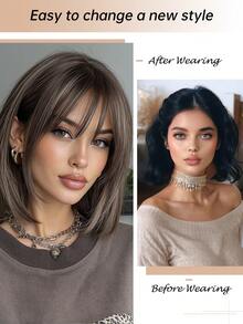 12 Inch Ombre Brown Wig Short With Bangs Natural Looking Synthetic Wigs For Women Daily Wear Girl Wig Gift - Brown Ombre - View 2