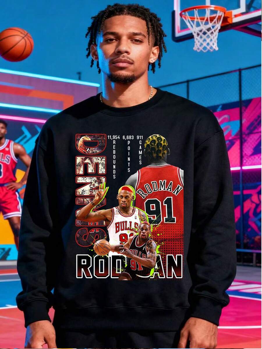 Men's Basketball Sweatshirt,  Graphic Print Streetwear, Oversize Fit Cotton Blend Gym Top, Breathable Daily Wear Sportswear, Perfect For Game Day & Workouts, Ideal Christmas Gift For Basketball Fans,  Vibe Street Style - Black - View 1