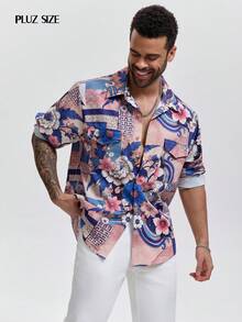 1pc Men's Printed Lapel Single-Breasted Long Sleeve Casual Shirt, Fashionable Plus Size Vacation Shirt, Elegant Party Attire - Multicolor - View 4