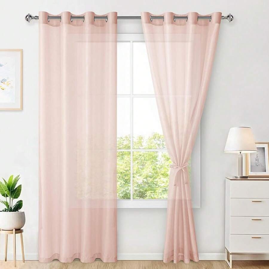 Hiasan Set Of 2 Sheer Voile Curtains Living Room With Eyelets Curtains Panel Curtains Transparent Airy Decorative Curtain For Bedroom 240 X 140 Cm (H X W) White - Pink - View 1