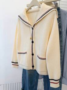 JIANHU 奶油色水手领针织开衫 - 秋冬款，黑红条纹饰边，4 颗纽扣 | 圣诞派对和校园约会 - 白色 - 查看 2