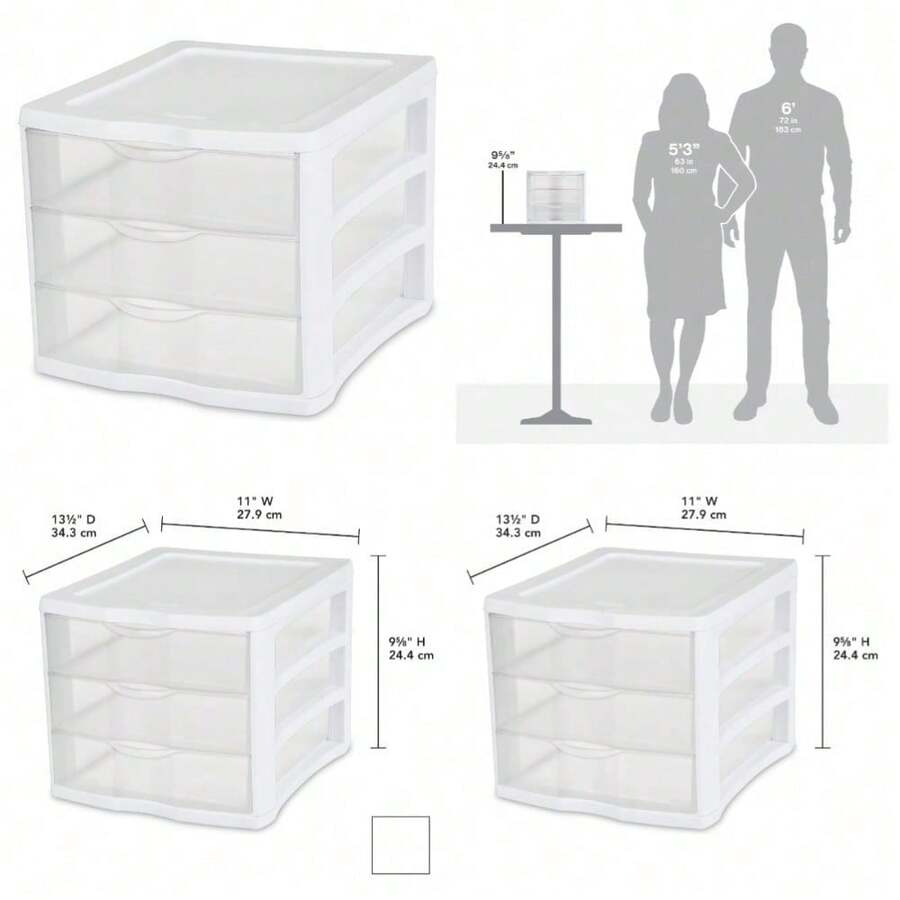 3 Drawer Unit, Clear Plastic Countertop Or Desktop Drawers, White - 1 - View 1