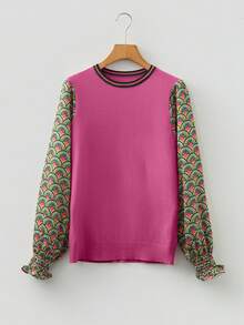 Acelitt Women's Autumn Floral Print Puff Sleeve Patchwork Knit Crew Neck Sweater, Dark Green - Hot Pink - View 4