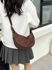 女士真皮饺子包，PU皮革纯色单肩马鞍包，可调节肩带，适合日常通勤 - 咖啡 - 查看 8