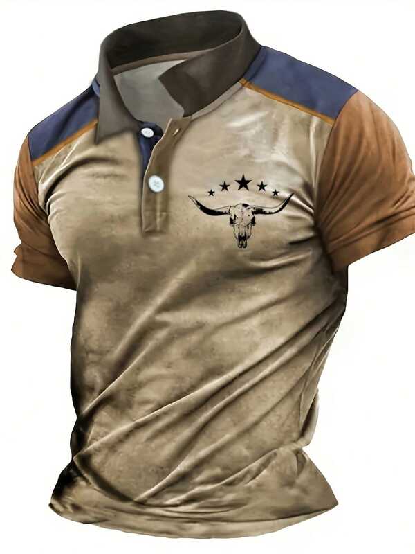 Herren Große Größen Vintage Western Stil Kontrast Farbe Poloshirt, Kentkragen Knopf Kurzarm Patchwork Khaki Design mit Stier Schädel & Fünfzackiger Stern Muster, Retro Wilder Stil geeignet für Frühling/Sommer Outdoor Lässig Sport