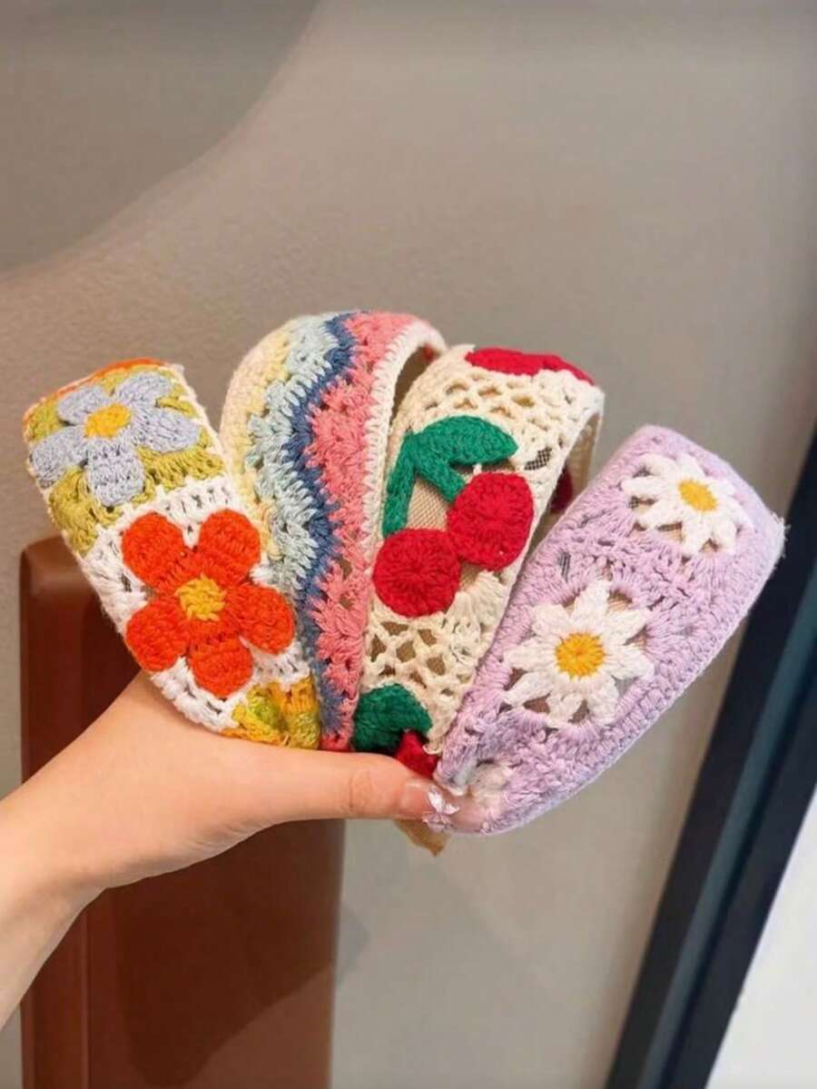 1pc Children's Cute Minimalist Fashion Cartoon Anti-Slip Headband, Versatile Elegant Pastoral Knitted Cherry Blossom Flower Hair Accessory