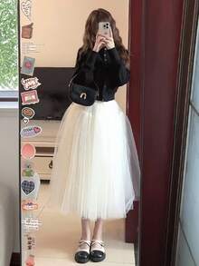 Váy voan bồng bềnh phong cách Pháp thanh lịch mới về mùa thu/đông 2025 - trắng - Xem 2