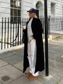 Women's Long Tweed Soft Wool Blend Overcoat, Lapel Collar With Pockets, Distinctive Button Details, Non-Stretch Regular Fit, Autumn/Winter Jacket, Suitable For Office, Christmas, New Year Party And Other Occasions - Black - View 5