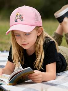 1pc Girls' Colorful Floral & Letter Decor Breathable Mesh Baseball Cap, 26 Letters Customizable, Sweet & Fresh , Lightweight Perforated Design, Suitable For Spring/Summer, Casual, School, Birthday, Holiday Gift - Pink - View 3