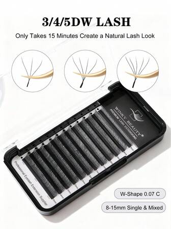 Winky Beauty 12排W型手工编织高级预制睫毛簇，时尚热销，0.07毫米仿貂毛自然柔软单根睫毛自动开花浓密假睫毛，长度8-15毫米