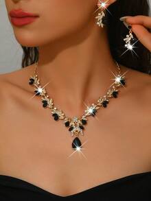 奢华婚礼派对女士礼服水钻装饰珠宝时尚闪亮项链耳环套装，舞会礼服珠宝配饰 - 黑色 - 查看 5