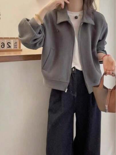 レディース韓国風ショートスタンドカラージャケット - ラペルとショートジッパー付きのカジュアルフィットウィンターコート、重ね着にぴったりの洗濯機洗い可能なカジュアルジャケット - 秋冬新作韓国風ファッショントレンチコート