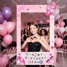 粉色生日快乐优雅甜美主题派对相框横幅背景，（70.87*35.43英寸/47.24x23.62英寸）星星、爱心、迪斯科图案摄影道具，适合女孩生日主题派对装饰，也适用于生日、情人节 - 女孩生日主题派对2D平面装饰摄影道具 - 彩色 - 查看 2