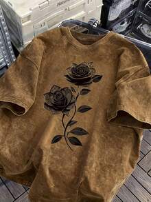Pure Cotton Washed Loose-Fit T-Shirt,Dark Style Vintage Washed Rose Printed Pure Cotton Oversized Short Sleeve T - Shirt,Halloween,Día De Los Muertos,Home Leisure,,Weekend Outing,Sensitive Skin Group - Màu Khaki - Xem 13