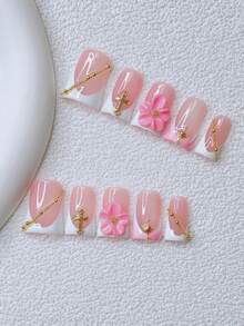 10片装Y2K风鸭嘴美甲贴片套装 - 手工制作，包含白色美甲、粉色美甲、白粉法式渐变美甲、手工3D立体花朵美甲、3D粉色立体花朵美甲、手绘3D水滴设计、闪亮金色十字架和金色星星装饰 - 彩色 - 查看 11