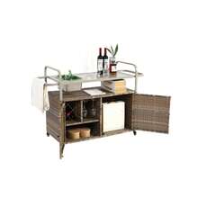 Outdoor Bar Table, Wicker Bar Cart With Cabinet, Patio Serving Cart With Steel Top, With Cooler, Lockable Wheels, Side Basket For Garden, Pool And Backyard, Beige - Beige - View 3