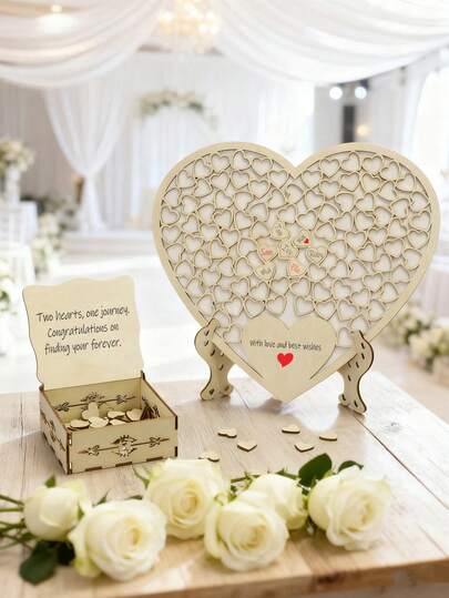 1 pieza Signo de boda de madera con forma de corazón creativa para mostrador, decoraciones de notas adhesivas DIY, recuerdos conmemorativos. Aniversarios de bodas, fiestas de bodas, regalos del Día de San Valentín.