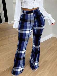 Women's Stylish New Versatile Office-Casual Elegant Slim-Fit Flattering Retro Plaid Printed Micro Flared Pants. - Blue - View 5