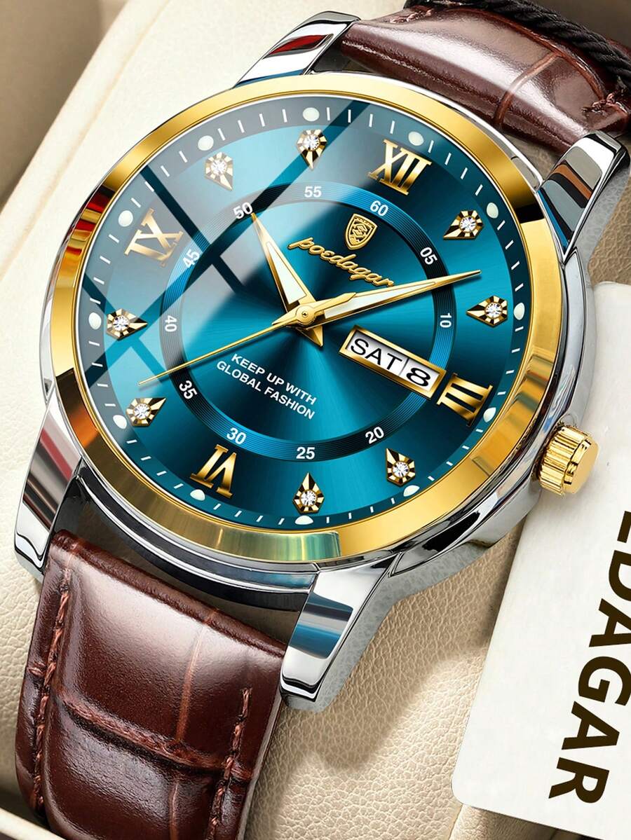 POEDAGAR 1pc Business Men's Stainless Steel Quartz Dual Date Watches, Luxury Waterproof Luminous Watch For Men, Casual Man Wristwatch Suitable For Daily Occasions, Gifts For Men - Màu xanh lam - Xem 1