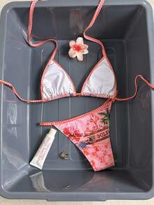 2 piezas Traje de baño tipo bikini con estampado geométrico y floral de estilo casual, lindo, elegante y sexy bohemio con nudo delantero, para primavera/verano