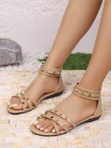 Buckle Rivet Flat Roman Sandals For Women, New Spring/Summer Bohemian Style Backless Strap Open Toe Shoes - Apricot - View 3