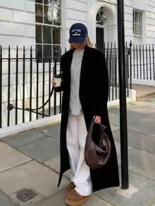 Women's Long Tweed Soft Wool Blend Overcoat, Lapel Collar With Pockets, Distinctive Button Details, Non-Stretch Regular Fit, Autumn/Winter Jacket, Suitable For Office, Christmas, New Year Party And Other Occasions - Black - View 3