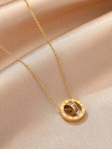 1pc Gold Roman Numeral Cubic Zirconia Circle Minimalist Necklace Choker (OPP Bag Packaging)