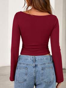 Fall New Arrival Women's Long-Sleeve Top Crop-Top Style Casual Outerwear Boat Neck With Bell Sleeves Ribbed Pleated Design Millennial-Inspired Fashion - 酒紅色 - 查看 2