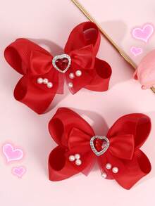 2个情人节红色/粉色发夹，心形水钻珍珠发夹，缎带鳄鱼夹，适合女孩和青少年佩戴，可爱优雅的日常、度假、节日和派对配饰 - 彩色 - 查看 1