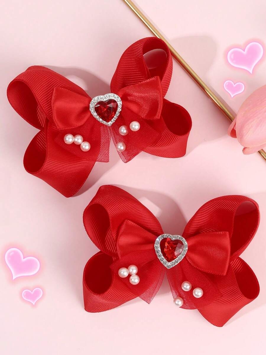 2个情人节红色/粉色发夹，心形水钻珍珠发夹，缎带鳄鱼夹，适合女孩和青少年佩戴，可爱优雅的日常、度假、节日和派对配饰 - 彩色 - 查看 1