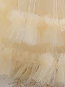 Baby Girls V-Neck Bow Ruffle Mesh Cute Wedding Dress, Suitable For Birthday Party, Excluding Headband - Champagne - View 8