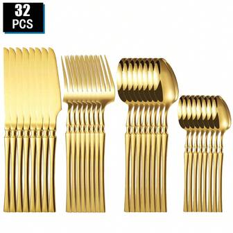 16/24/32pcs Gold Stainless Steel Flatware Set, Suitable For Wedding, Holiday Party