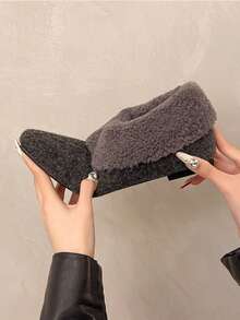 Women's Flat Slip-On Fuzzy Loafers, Low Heel Square Toe, Dark Gray Plush Shoes, Lightweight & Comfortable, Gray Indoor Platform Fur Lined Shoes For Winter - Dark Grey - View 4