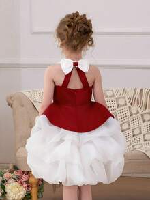 Đầm công chúa màu đỏ tía thanh lịch bằng vải voan thắt nơ cho bé gái, kiểu dáng xòe rộng, thích hợp cho tiệc sinh nhật lần thứ nhất của bé, tiệc chiêu đãi, các dịp trang trọng, đám cưới, tiệc tùng, lễ hội. - Màu Đỏ Sâu - Xem 3