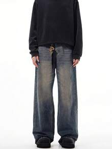 1pc Men's Fashionable Loose Vintage Washed Wide-Leg Casual Jeans (No Belt Or Accessories) - Dusty Blue - View 3